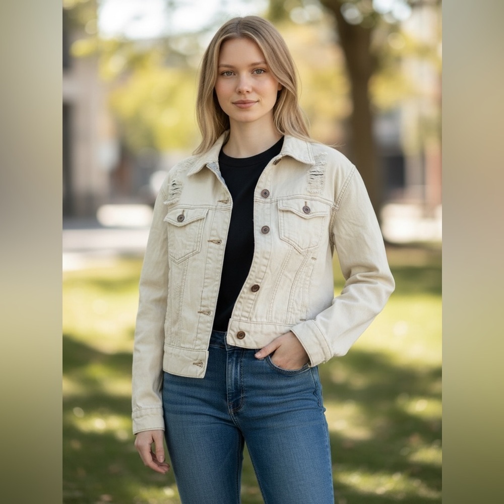 FOREVER 21 M Bleached Denim Jean Jacket Distressed Rips R $35